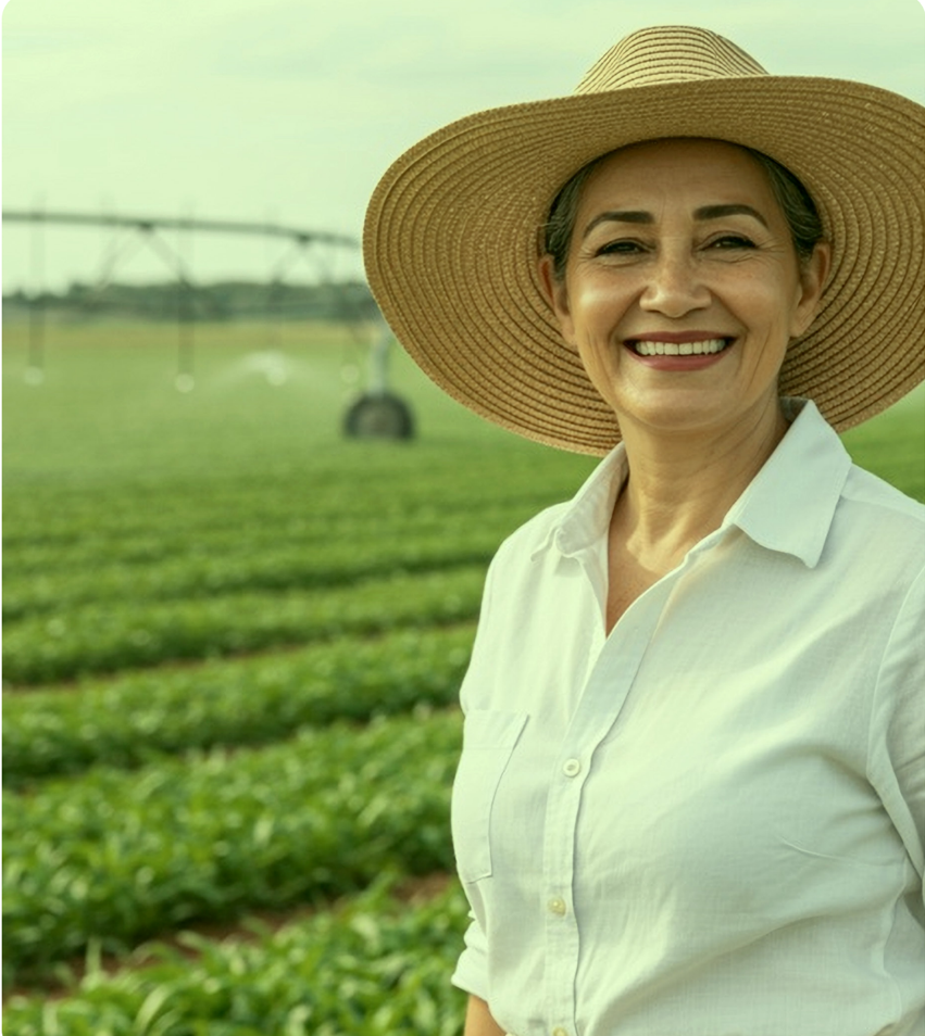 Mulher sorrindo no campo com plantações ao fundo